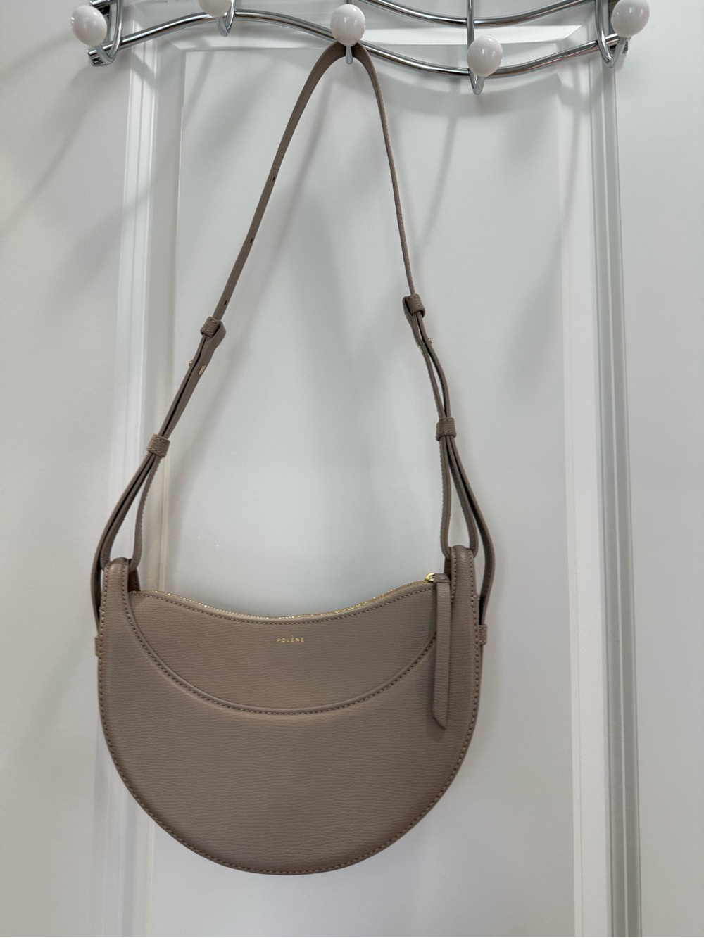Polene Numero Dix Crescent Leather Adjustable Shoulder Bag in Taupe